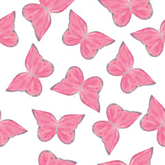Watercolor pink butterfly seamless pattern hand drawn