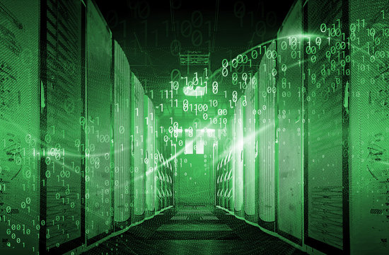 binary code particles and neon glowing cyber wave. in modern server room Big data structure. Internet or cyberspace technology concept. Green tone