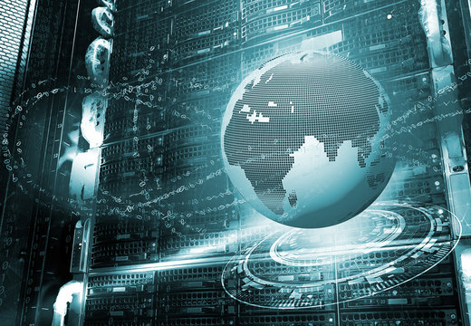 Best Internet Concept of global business. Globe, glowing lines on technological background. rays, symbols Internet,on the background disk storage modern data center