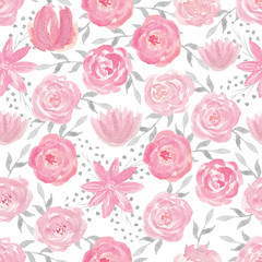 Seamless pattern with hand painted watercolor roses in pastel pi