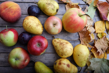 Various colorful fruits on autumn wooden table