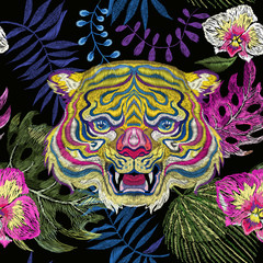Embroidery exotic floral pattern with tiger and tropical flower. Vector seamless embroidered template for fashion design. - 225079420