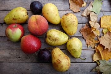 Various colorful fruits on autumn wooden table