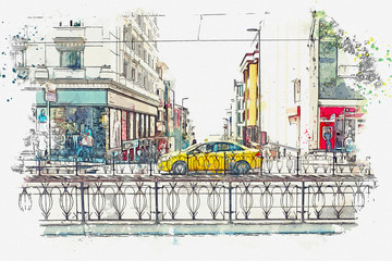 A watercolor sketch or illustration. A traditional yellow taxi on the street in Istanbul, Turkey.