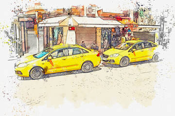 A watercolor sketch or illustration. A traditional yellow taxi on the street in Istanbul, Turkey.
