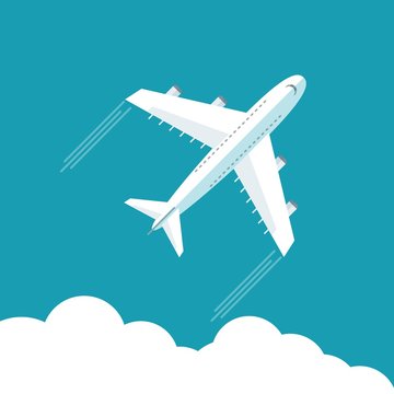 Plane Fly On Blue Cloud Sky Background With Blank Area For Your Text. Stock Flat Vector Illustration.