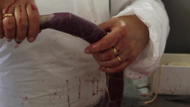 Close-up of man stuffing meat through saUSAge stuffer