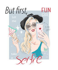 Cute pattern with girl, selfie and slogans . Vector baby design for fashion apparels, t shirt, stickers and printed tee design.