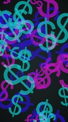 Multicolored translucent dollar signs on dark background. Vertical image orientation. 3D illustration