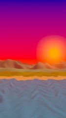 Fototapeta premium Sun Sea Beach. Sunrise. Ocean shore line with waves on a beach. Island beach paradise with waves. Vacation, summer, relaxation. Seascape, seashore. Minimalist landscape, primitivism. 3D illustration