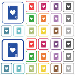 Five of hearts card outlined flat color icons