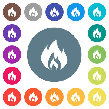 Flame flat white icons on round color backgrounds
