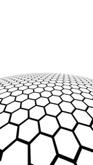 White honeycomb on a white background. Perspective view on polygon look like honeycomb. Ball, planet, covered with a network, honeycombs, cells. 3D illustration