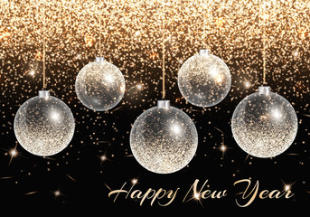 Brilliant background with gold balls for New Year's design. Vector illustration with shine
