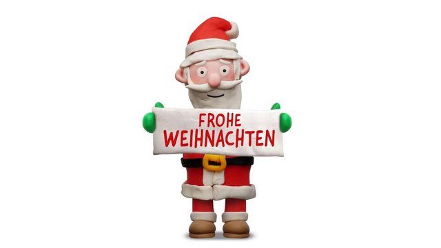 Weihnachtsmann aus Knete mit Schild „Frohe Weihnachten“ – Animation
