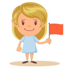 Cute Elementary School Girl Student Holding Red Flag, Cartoon Vector Illustration