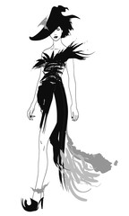Halloween witch woman, vector, hand drawn, isolated on white