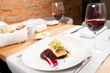 Baked salmon, beetroot mousse, black lentils and pear