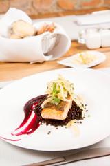 Baked salmon, beetroot mousse, black lentils and pear