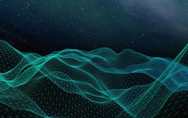 Abstract landscape on a dark background. Cyberspace grid. Hi-tech network. Outer space. Starry outer space texture. 3D illustration