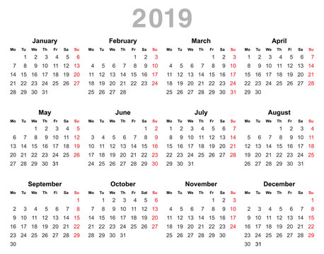 2019 year annual calendar (Monday first, English)