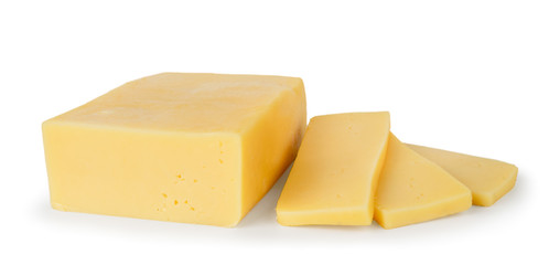 Cheese rectangular shape and three pieces on a white, isolated.