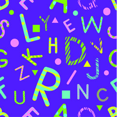 Bright vector pattern of colored letters on a blue background, can be used for print on various surfaces