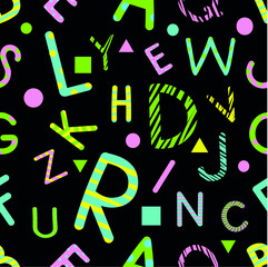 Bright vector pattern of colored letters on a black background, can be used for print on various surfaces