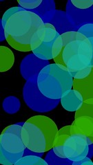 Multicolored translucent circles on a dark background. Vertical image orientation. 3D illustration