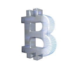 Bitcoin sign, platinum or silver turns into a blue grid on a white background. 3D illustration