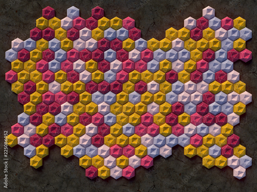 Aufkleber Abstract colored hexagon pattern on dark surface. 3d rendering