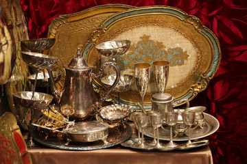 Fototapeta na wymiar Vintage silver tableware on the table