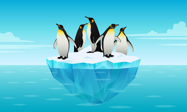 Flock of emperor penguins on ice floe in cold water. Glacier, ice brick floating in cold sea. Tallest and heaviest penguin species. Antarctic landscapes. Vector illustration in flat style.