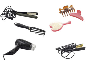 hairdresser accessories, hairdryer, plate, comb isolated on white background