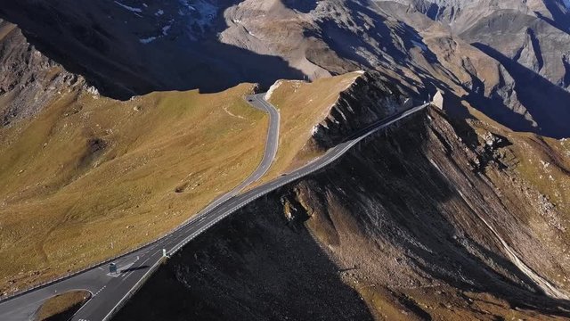 Flight around of Fuscher Torl pass on Grossglockner scenic High Alpine Road, Austria