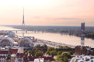 View of TV tower, railway station and Daugava in the morning, Riga, Latvia