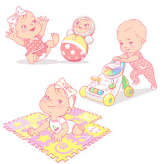 Set with different toys isolated. Baby girl play with tumbler toy, playing mat, walker. Active toddler. Baby development. One year girl. Preset for mother's blog. Design template. Vector illustration.