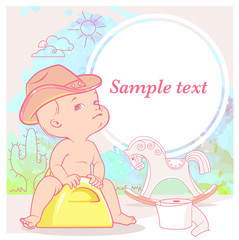 Cute baby girl on potty. Kid wear cowboy hat.  horse rocking chair. Potty training, Child learn to use potty, Baby pretend  cowboy, with toy horse. Preset for mom’s blog. Template for Instagram page.