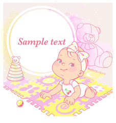 cute little girl laying on playing mat. Bright puzzle mat on watercolor background. Happy toddler. Blank text frame. Preset for blog. Template for mother's page  in social media. Vector illustration.