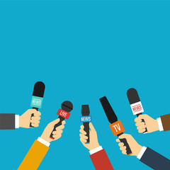 Journalists hands holding microphones performing interview. Vect
