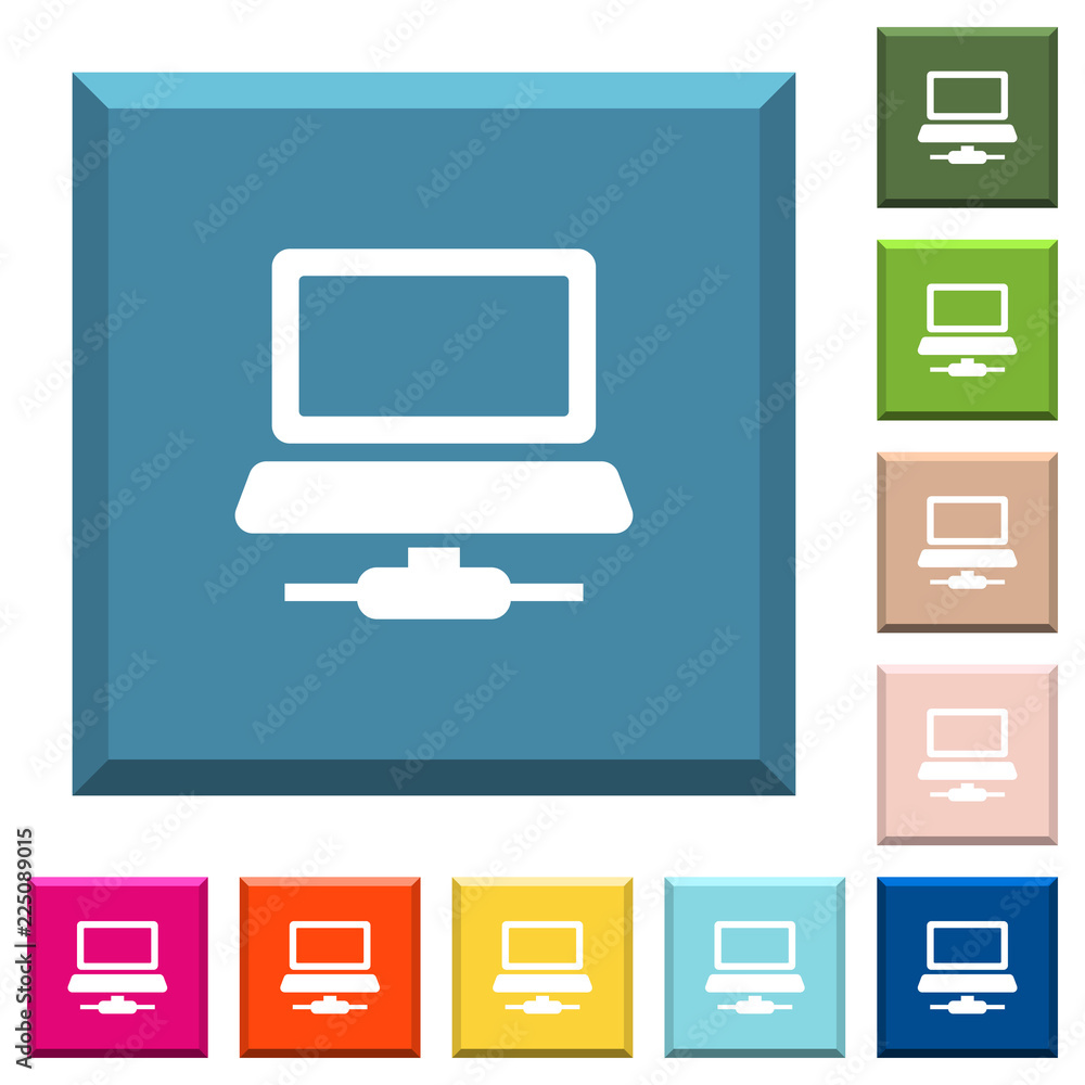 Poster network computer white icons on edged square buttons