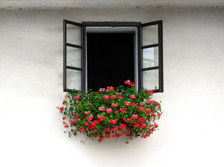 Fototapeta na wymiar Open window decorated with beautiful bright geranium flowers