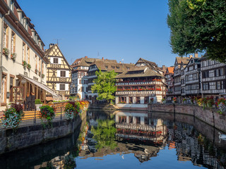View along the Ill River in Petite France areas of Strasbourg in the Alsace region of France. 