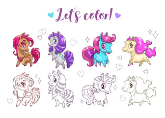 Let s color pony. Funny cute cartoon little chibi horses, colorful and contour pictures.