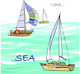 Vector postcard on a marine theme with the image of ships.