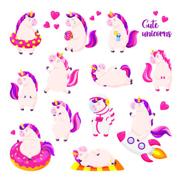 Set of funny cartoon magic unicorns. Patch, badge sticker. Collection of icons, pattern for clothes, t-shirts, print, web design, postcards. Vector doodle illustration with cartoon comic characters