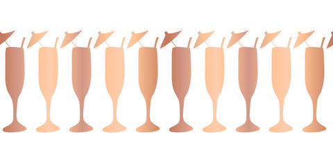 Rose gold copper foil champagne flutes seamless vector pattern border. Shiny metallic cocktail alcohol drinking glasses on white background. For bar menu, summer party, celebration, wedding, birthday
