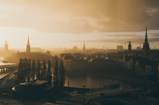 Beautiful golden sunset after rain over the Stockholm - the capital of Sweden