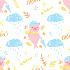 Vector seamless pattern with funny pigs. Pig background isolated on white.