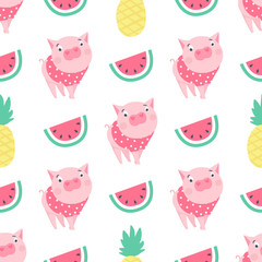 Vector seamless pattern with funny pigs. Pig background isolated on white.
